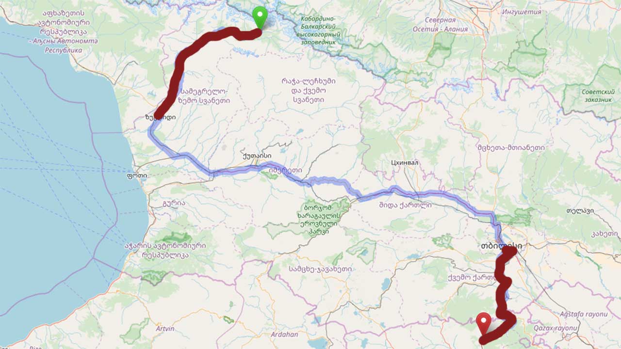 Mapa puta povratka: Crveno su maršutke, plavo je voz. Kako smo krenuli iz Tbilisija, pročitajte prvi deo putopisa