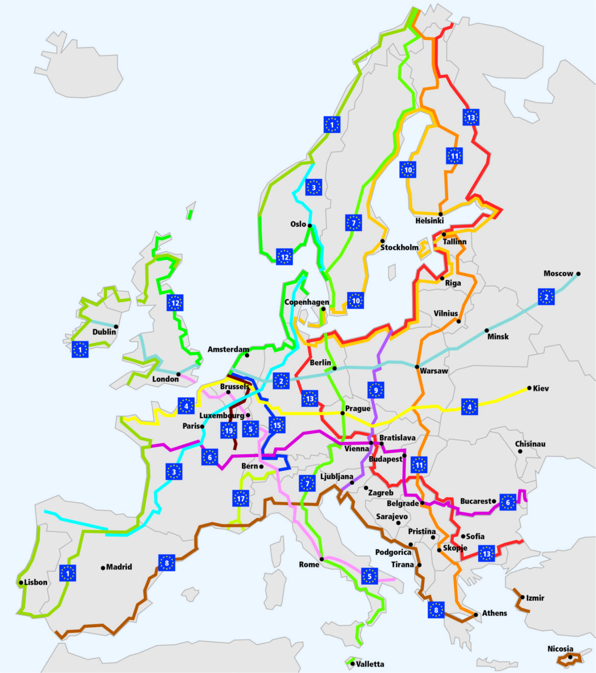 Mapa EuroVelo staza, a EuroVelo 6, koja prolazi i kroz Srbiju označena je ljubičastom bojom, autor: ECFEuroVelo / Wikimedia