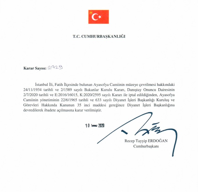 Dekret kojim je Erdogan proglasio Aja Sofiju za džamiju